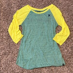 Hurley Teal Body with Yellow Raglan Sleeves Baseball Tee